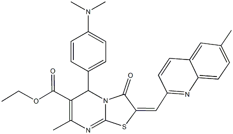 ethyl 5-[4-(dimethylamino)phenyl]-7-methyl-2-[(6-methyl-2-quinolinyl)methylene]-3-oxo-2,3-dihydro-5H-[1,3]thiazolo[3,2-a]pyrimidine-6-carboxylate Struktur