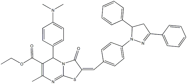 ethyl 5-[4-(dimethylamino)phenyl]-2-[4-(3,5-diphenyl-4,5-dihydro-1H-pyrazol-1-yl)benzylidene]-7-methyl-3-oxo-2,3-dihydro-5H-[1,3]thiazolo[3,2-a]pyrimidine-6-carboxylate Struktur