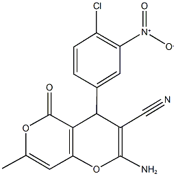 2-amino-4-(4-chloro-3-nitrophenyl)-7-methyl-5-oxo-4H,5H-pyrano[4,3-b]pyran-3-carbonitrile Struktur