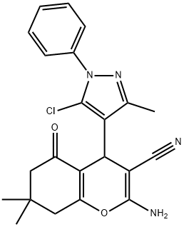 2-amino-4-(5-chloro-3-methyl-1-phenyl-1H-pyrazol-4-yl)-7,7-dimethyl-5-oxo-5,6,7,8-tetrahydro-4H-chromene-3-carbonitrile Struktur