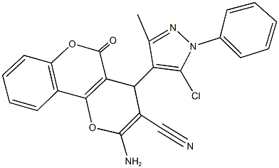 2-amino-4-(5-chloro-3-methyl-1-phenyl-1H-pyrazol-4-yl)-5-oxo-4H,5H-pyrano[3,2-c]chromene-3-carbonitrile Struktur