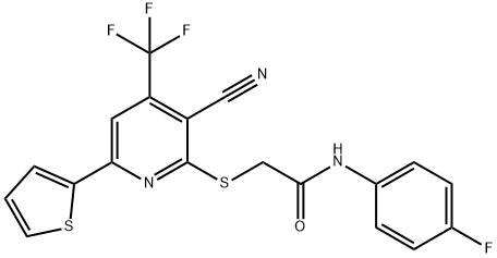 2-{[3-cyano-6-(2-thienyl)-4-(trifluoromethyl)-2-pyridinyl]sulfanyl}-N-(4-fluorophenyl)acetamide Struktur