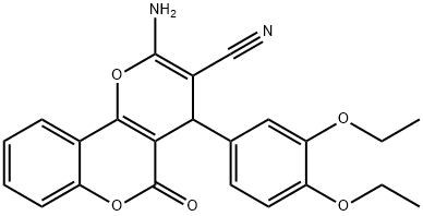 2-amino-4-(3,4-diethoxyphenyl)-5-oxo-4H,5H-pyrano[3,2-c]chromene-3-carbonitrile Struktur