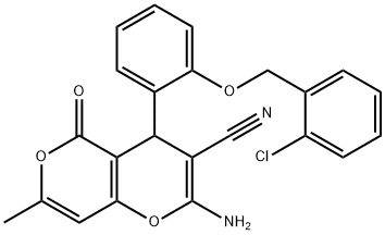 2-amino-4-{2-[(2-chlorobenzyl)oxy]phenyl}-7-methyl-5-oxo-4H,5H-pyrano[4,3-b]pyran-3-carbonitrile Struktur