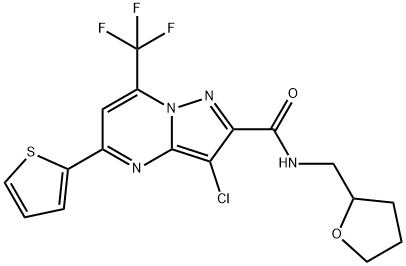 3-chloro-N-(tetrahydro-2-furanylmethyl)-5-(2-thienyl)-7-(trifluoromethyl)pyrazolo[1,5-a]pyrimidine-2-carboxamide Struktur