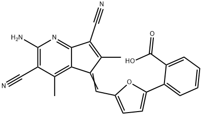 2-{5-[(2-amino-3,7-dicyano-4,6-dimethyl-5H-cyclopenta[b]pyridin-5-ylidene)methyl]-2-furyl}benzoic acid Struktur