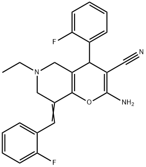 2-amino-6-ethyl-8-(2-fluorobenzylidene)-4-(2-fluorophenyl)-5,6,7,8-tetrahydro-4H-pyrano[3,2-c]pyridine-3-carbonitrile Struktur