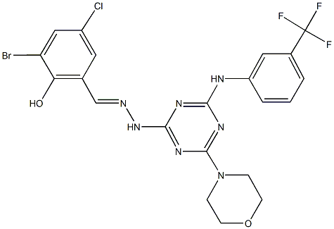 3-bromo-5-chloro-2-hydroxybenzaldehyde {4-(4-morpholinyl)-6-[3-(trifluoromethyl)anilino]-1,3,5-triazin-2-yl}hydrazone Struktur