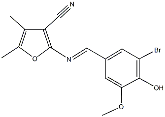 2-[(3-bromo-4-hydroxy-5-methoxybenzylidene)amino]-4,5-dimethyl-3-furonitrile Struktur