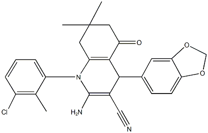 2-amino-4-(1,3-benzodioxol-5-yl)-1-(3-chloro-2-methylphenyl)-7,7-dimethyl-5-oxo-1,4,5,6,7,8-hexahydro-3-quinolinecarbonitrile Struktur