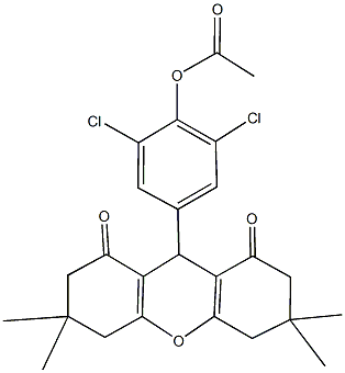 2,6-dichloro-4-(3,3,6,6-tetramethyl-1,8-dioxo-2,3,4,5,6,7,8,9-octahydro-1H-xanthen-9-yl)phenyl acetate Struktur