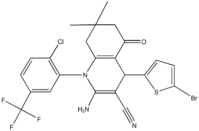 2-amino-4-(5-bromo-2-thienyl)-1-[2-chloro-5-(trifluoromethyl)phenyl]-7,7-dimethyl-5-oxo-1,4,5,6,7,8-hexahydro-3-quinolinecarbonitrile Struktur