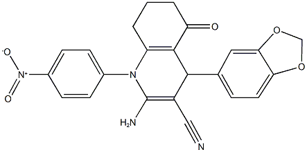 2-amino-4-(1,3-benzodioxol-5-yl)-1-{4-nitrophenyl}-5-oxo-1,4,5,6,7,8-hexahydro-3-quinolinecarbonitrile Struktur