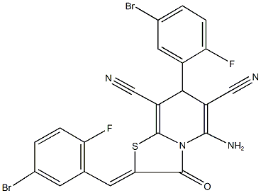 5-amino-2-(5-bromo-2-fluorobenzylidene)-7-(5-bromo-2-fluorophenyl)-3-oxo-2,3-dihydro-7H-[1,3]thiazolo[3,2-a]pyridine-6,8-dicarbonitrile Struktur