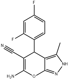 6-amino-4-(2,4-difluorophenyl)-3-methyl-2,4-dihydropyrano[2,3-c]pyrazole-5-carbonitrile Struktur