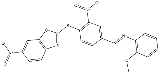 6-nitro-2-[(2-nitro-4-{[(2-methoxyphenyl)imino]methyl}phenyl)sulfanyl]-1,3-benzothiazole Struktur