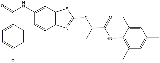 4-chloro-N-(2-{[2-(mesitylamino)-1-methyl-2-oxoethyl]sulfanyl}-1,3-benzothiazol-6-yl)benzamide Struktur