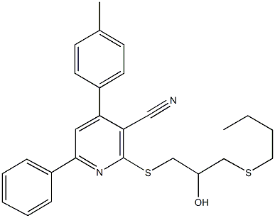 2-{[3-(butylsulfanyl)-2-hydroxypropyl]sulfanyl}-4-(4-methylphenyl)-6-phenylnicotinonitrile Struktur