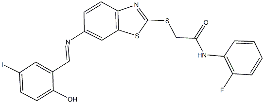 N-(2-fluorophenyl)-2-({6-[(2-hydroxy-5-iodobenzylidene)amino]-1,3-benzothiazol-2-yl}sulfanyl)acetamide Struktur