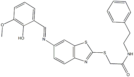 2-({6-[(2-hydroxy-3-methoxybenzylidene)amino]-1,3-benzothiazol-2-yl}sulfanyl)-N-(2-phenylethyl)acetamide Struktur