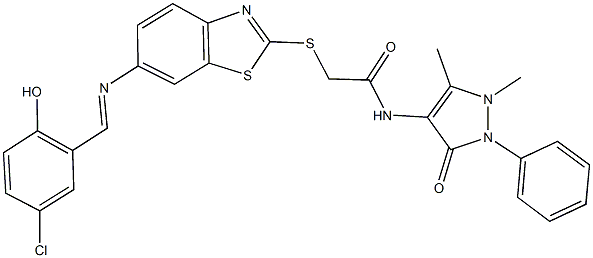 2-({6-[(5-chloro-2-hydroxybenzylidene)amino]-1,3-benzothiazol-2-yl}sulfanyl)-N-(1,5-dimethyl-3-oxo-2-phenyl-2,3-dihydro-1H-pyrazol-4-yl)acetamide Struktur