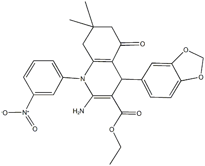 ethyl 2-amino-4-(1,3-benzodioxol-5-yl)-1-{3-nitrophenyl}-7,7-dimethyl-5-oxo-1,4,5,6,7,8-hexahydro-3-quinolinecarboxylate Struktur