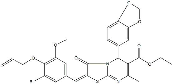 ethyl 2-[4-(allyloxy)-3-bromo-5-methoxybenzylidene]-5-(1,3-benzodioxol-5-yl)-7-methyl-3-oxo-2,3-dihydro-5H-[1,3]thiazolo[3,2-a]pyrimidine-6-carboxylate Struktur