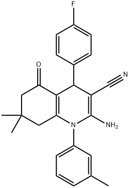 2-amino-4-(4-fluorophenyl)-7,7-dimethyl-1-(3-methylphenyl)-5-oxo-1,4,5,6,7,8-hexahydro-3-quinolinecarbonitrile Struktur