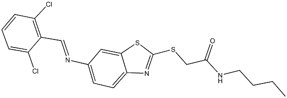 N-butyl-2-({6-[(2,6-dichlorobenzylidene)amino]-1,3-benzothiazol-2-yl}sulfanyl)acetamide Struktur