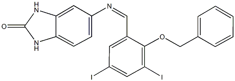 5-{[2-(benzyloxy)-3,5-diiodobenzylidene]amino}-1,3-dihydro-2H-benzimidazol-2-one Struktur