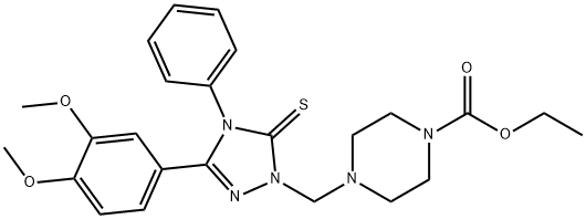 ethyl 4-{[3-(3,4-dimethoxyphenyl)-4-phenyl-5-thioxo-4,5-dihydro-1H-1,2,4-triazol-1-yl]methyl}-1-piperazinecarboxylate Struktur