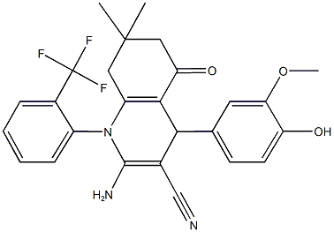 2-amino-4-(4-hydroxy-3-methoxyphenyl)-7,7-dimethyl-5-oxo-1-[2-(trifluoromethyl)phenyl]-1,4,5,6,7,8-hexahydro-3-quinolinecarbonitrile Struktur