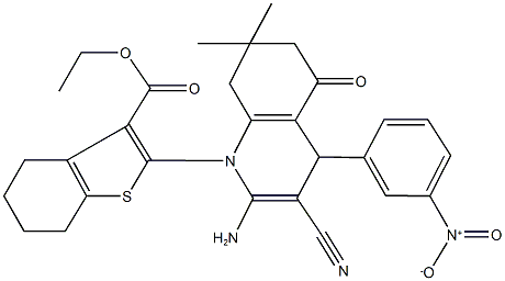 ethyl 2-(2-amino-3-cyano-4-{3-nitrophenyl}-7,7-dimethyl-5-oxo-5,6,7,8-tetrahydro-1(4H)-quinolinyl)-4,5,6,7-tetrahydro-1-benzothiophene-3-carboxylate Struktur