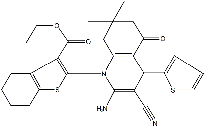 ethyl 2-(2-amino-3-cyano-7,7-dimethyl-5-oxo-4-(2-thienyl)-5,6,7,8-tetrahydro-1(4H)-quinolinyl)-4,5,6,7-tetrahydro-1-benzothiophene-3-carboxylate Struktur