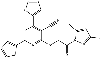 2-{[2-(3,5-dimethyl-1H-pyrazol-1-yl)-2-oxoethyl]sulfanyl}-4,6-di(2-thienyl)nicotinonitrile Struktur