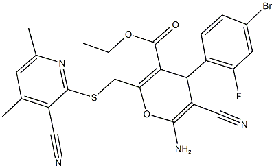 ethyl 6-amino-4-(4-bromo-2-fluorophenyl)-5-cyano-2-{[(3-cyano-4,6-dimethyl-2-pyridinyl)sulfanyl]methyl}-4H-pyran-3-carboxylate Struktur