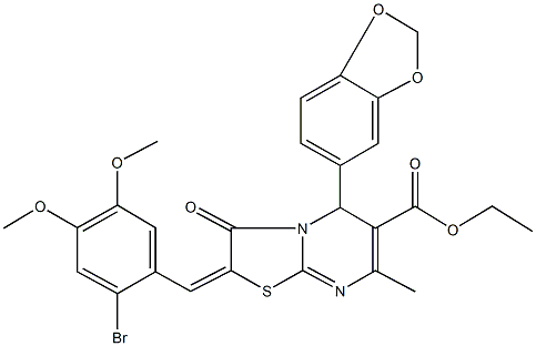 ethyl 5-(1,3-benzodioxol-5-yl)-2-(2-bromo-4,5-dimethoxybenzylidene)-7-methyl-3-oxo-2,3-dihydro-5H-[1,3]thiazolo[3,2-a]pyrimidine-6-carboxylate Struktur