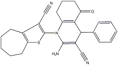 2-amino-1-(3-cyano-5,6,7,8-tetrahydro-4H-cyclohepta[b]thien-2-yl)-5-oxo-4-phenyl-1,4,5,6,7,8-hexahydro-3-quinolinecarbonitrile Struktur