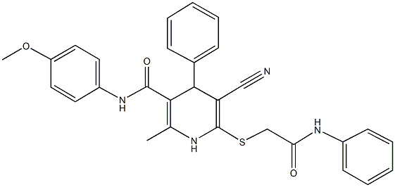 6-[(2-anilino-2-oxoethyl)sulfanyl]-5-cyano-N-(4-methoxyphenyl)-2-methyl-4-phenyl-1,4-dihydro-3-pyridinecarboxamide Struktur