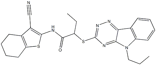 N-(3-cyano-4,5,6,7-tetrahydro-1-benzothiophen-2-yl)-2-[(5-propyl-5H-[1,2,4]triazino[5,6-b]indol-3-yl)sulfanyl]butanamide Struktur