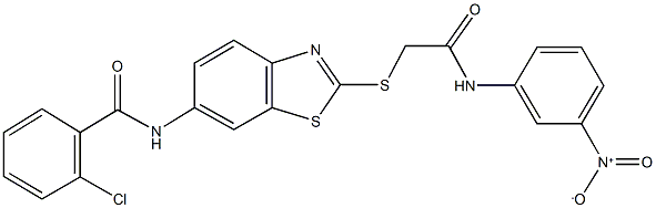 2-chloro-N-{2-[(2-{3-nitroanilino}-2-oxoethyl)sulfanyl]-1,3-benzothiazol-6-yl}benzamide Struktur