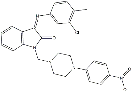 3-[(3-chloro-4-methylphenyl)imino]-1-[(4-{4-nitrophenyl}-1-piperazinyl)methyl]-1,3-dihydro-2H-indol-2-one Struktur