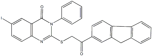 2-{[2-(9H-fluoren-2-yl)-2-oxoethyl]sulfanyl}-6-iodo-3-phenyl-4(3H)-quinazolinone Struktur