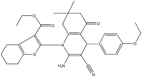 ethyl 2-(2-amino-3-cyano-4-(4-ethoxyphenyl)-7,7-dimethyl-5-oxo-5,6,7,8-tetrahydro-1(4H)-quinolinyl)-4,5,6,7-tetrahydro-1-benzothiophene-3-carboxylate Struktur