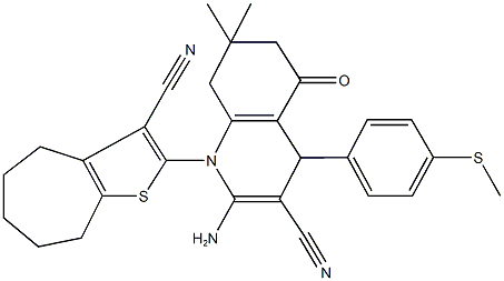 2-amino-1-(3-cyano-5,6,7,8-tetrahydro-4H-cyclohepta[b]thiophen-2-yl)-7,7-dimethyl-4-[4-(methylsulfanyl)phenyl]-5-oxo-1,4,5,6,7,8-hexahydro-3-quinolinecarbonitrile Struktur