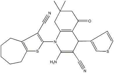 2-amino-1-(3-cyano-5,6,7,8-tetrahydro-4H-cyclohepta[b]thiophen-2-yl)-7,7-dimethyl-5-oxo-4-(3-thienyl)-1,4,5,6,7,8-hexahydro-3-quinolinecarbonitrile Struktur