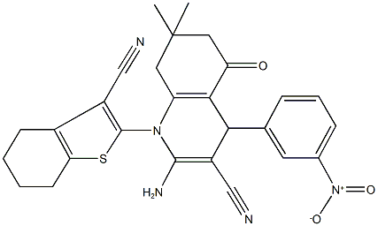 2-amino-1-(3-cyano-4,5,6,7-tetrahydro-1-benzothiophen-2-yl)-7,7-dimethyl-4-(3-nitrophenyl)-5-oxo-1,4,5,6,7,8-hexahydro-3-quinolinecarbonitrile Struktur