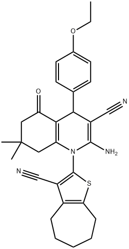 2-amino-1-(3-cyano-5,6,7,8-tetrahydro-4H-cyclohepta[b]thien-2-yl)-4-(4-ethoxyphenyl)-7,7-dimethyl-5-oxo-1,4,5,6,7,8-hexahydro-3-quinolinecarbonitrile Struktur