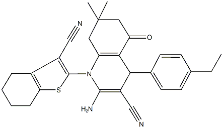 2-amino-1-(3-cyano-4,5,6,7-tetrahydro-1-benzothien-2-yl)-4-(4-ethylphenyl)-7,7-dimethyl-5-oxo-1,4,5,6,7,8-hexahydro-3-quinolinecarbonitrile Struktur