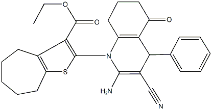 ethyl 2-[2-amino-3-cyano-5-oxo-4-phenyl-5,6,7,8-tetrahydro-1(4H)-quinolinyl]-5,6,7,8-tetrahydro-4H-cyclohepta[b]thiophene-3-carboxylate Struktur